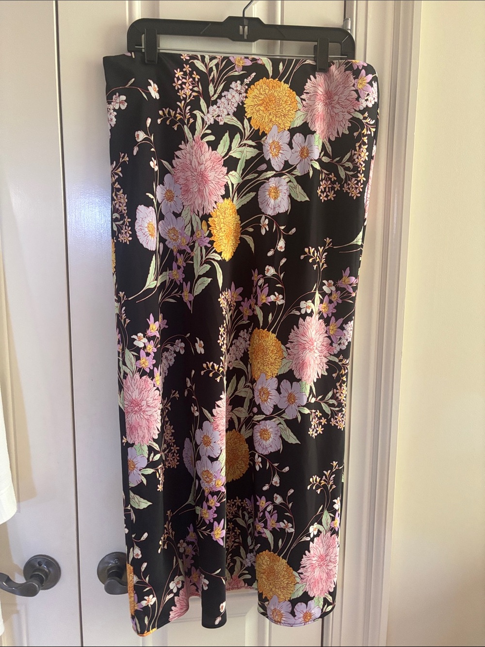 Floral Midi Skirt in Black with Pink & Gold Flowers